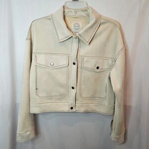 Women's Faux Suede Jacket Cropped Stitching Ivory Boxy Sz Md Versatile Casual